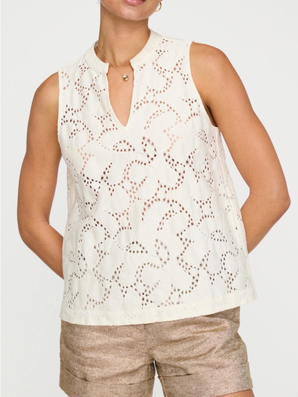 Brochu Walker Cream Eyelet Split-Neck Sleeveless Top